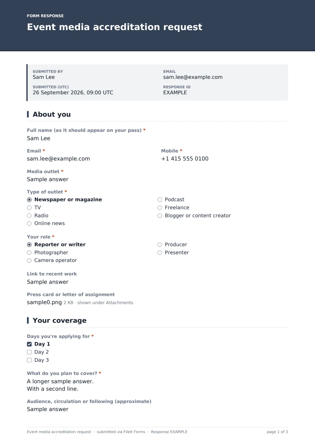 Event media accreditation request — example response PDF, page 1 of 3