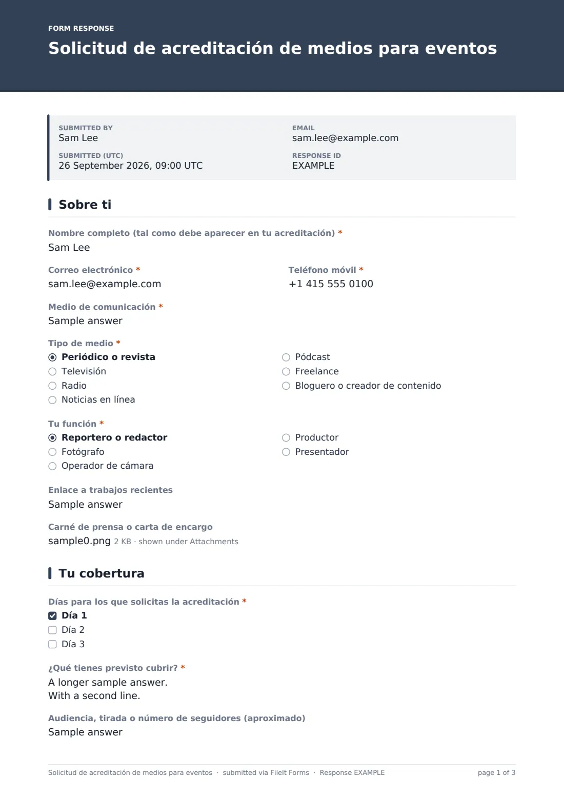 Solicitud de acreditación de medios para eventos — PDF de respuesta de ejemplo, página 1 de 3