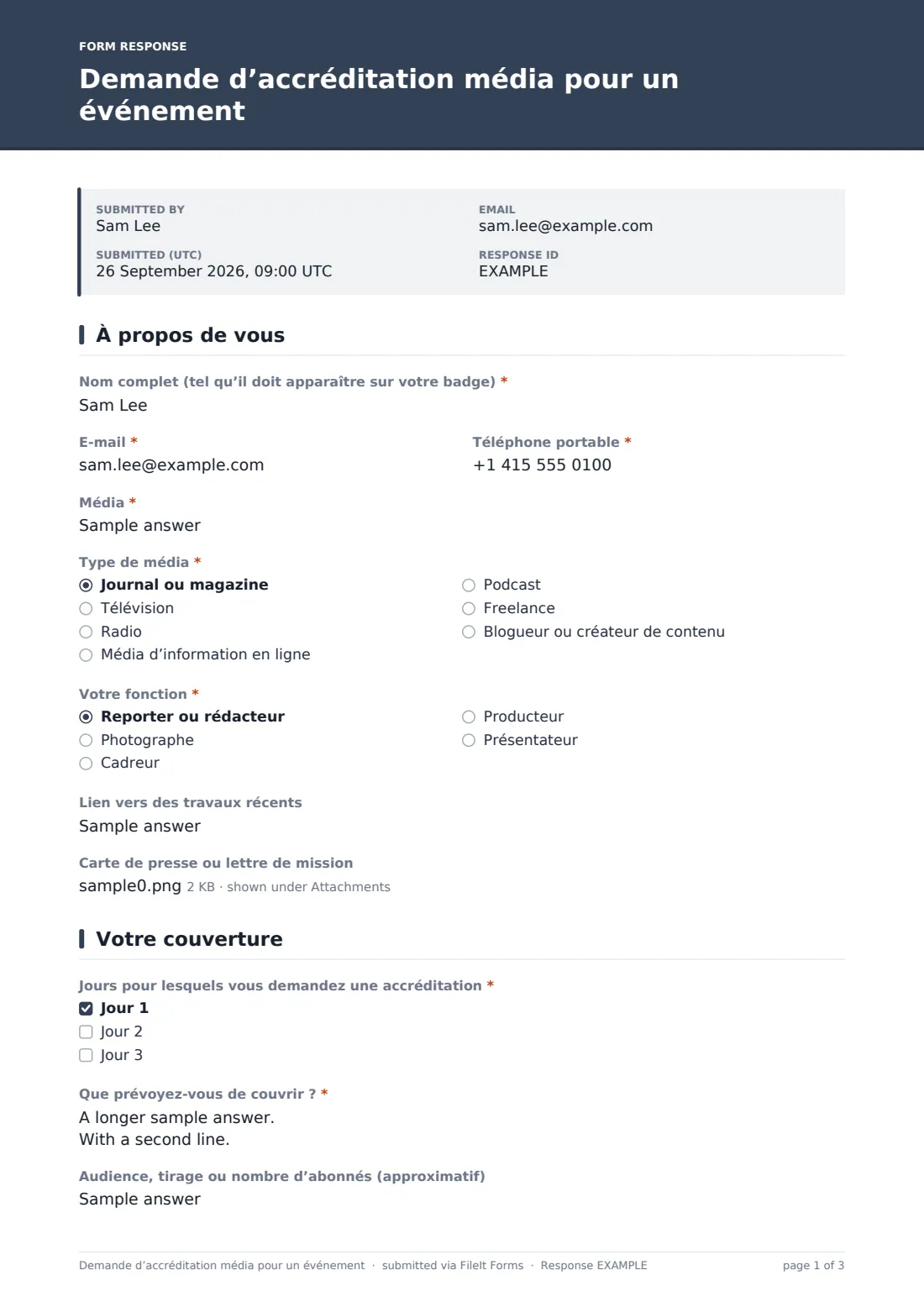 Demande d’accréditation média pour un événement — exemple de réponse au format PDF, page 1 sur 3