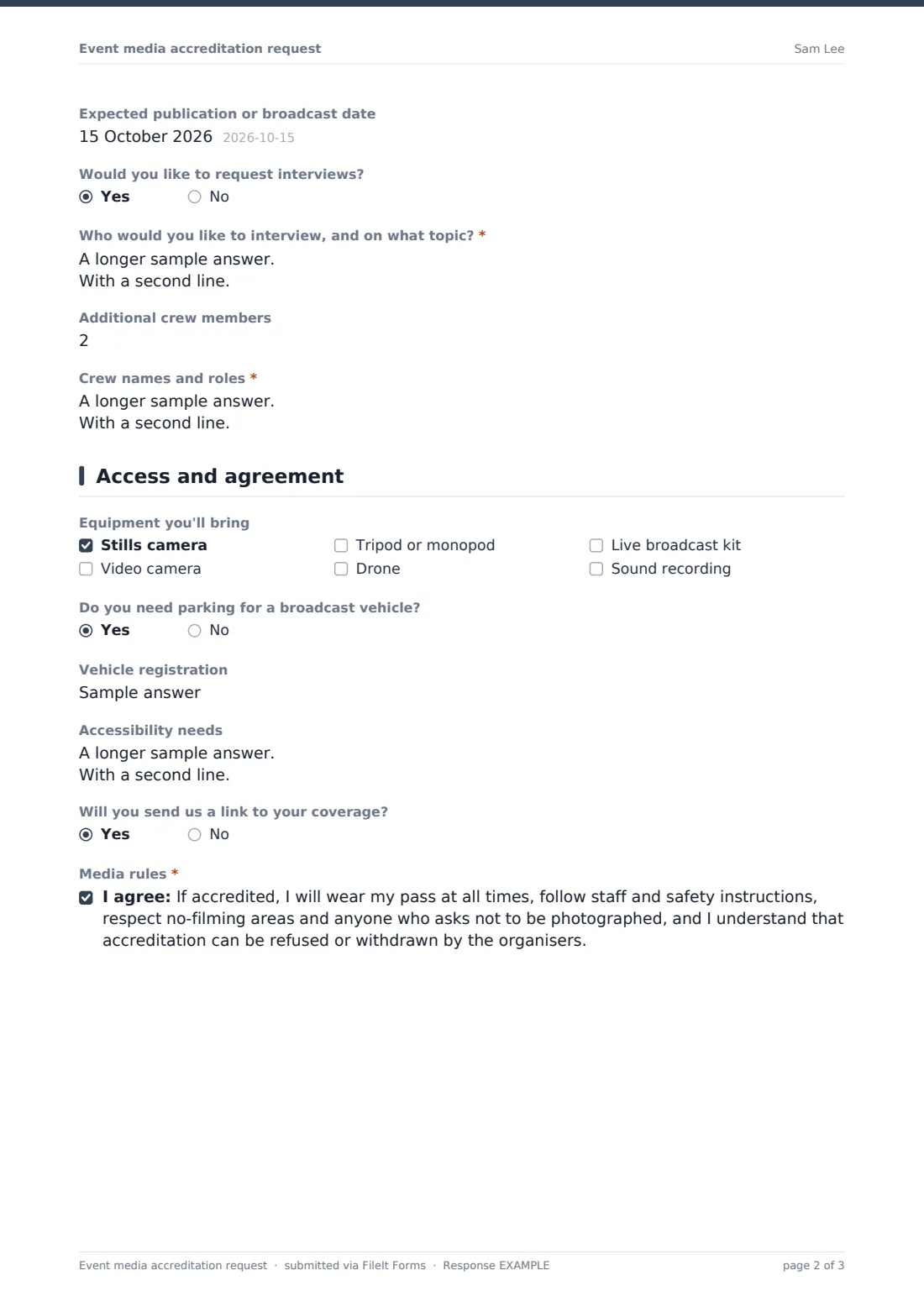 Event media accreditation request — example response PDF, page 2 of 3