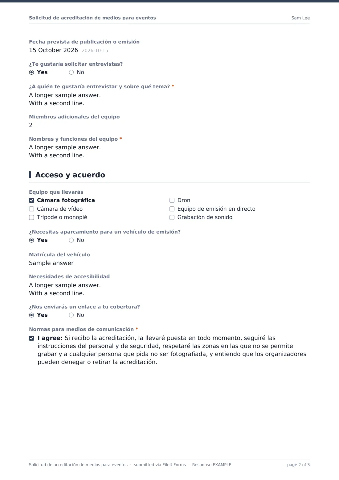 Solicitud de acreditación de medios para eventos — PDF de respuesta de ejemplo, página 2 de 3