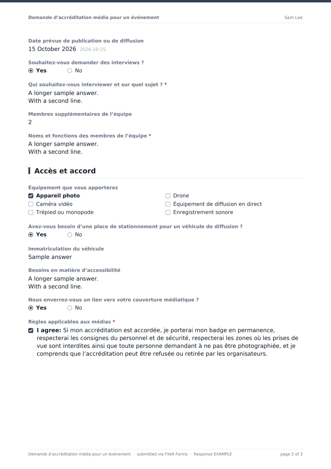 Demande d’accréditation média pour un événement — exemple de réponse au format PDF, page 2 sur 3
