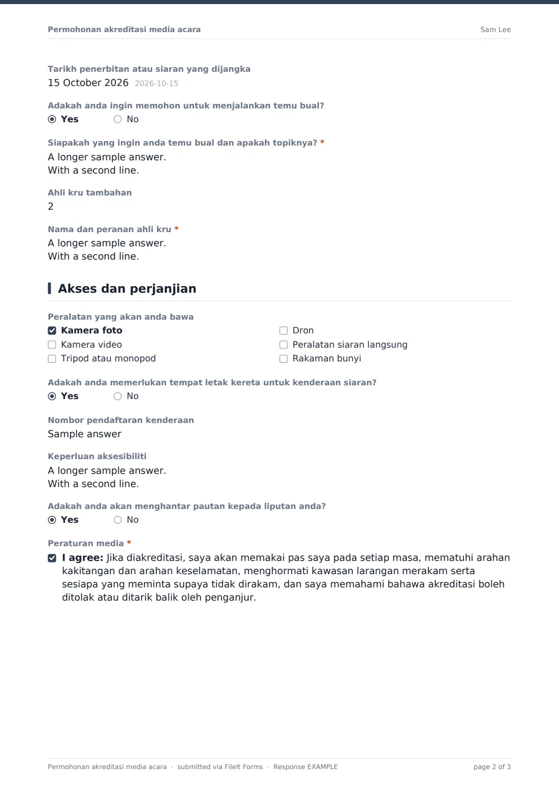 Permohonan akreditasi media acara — PDF respons contoh, halaman 2 daripada 3