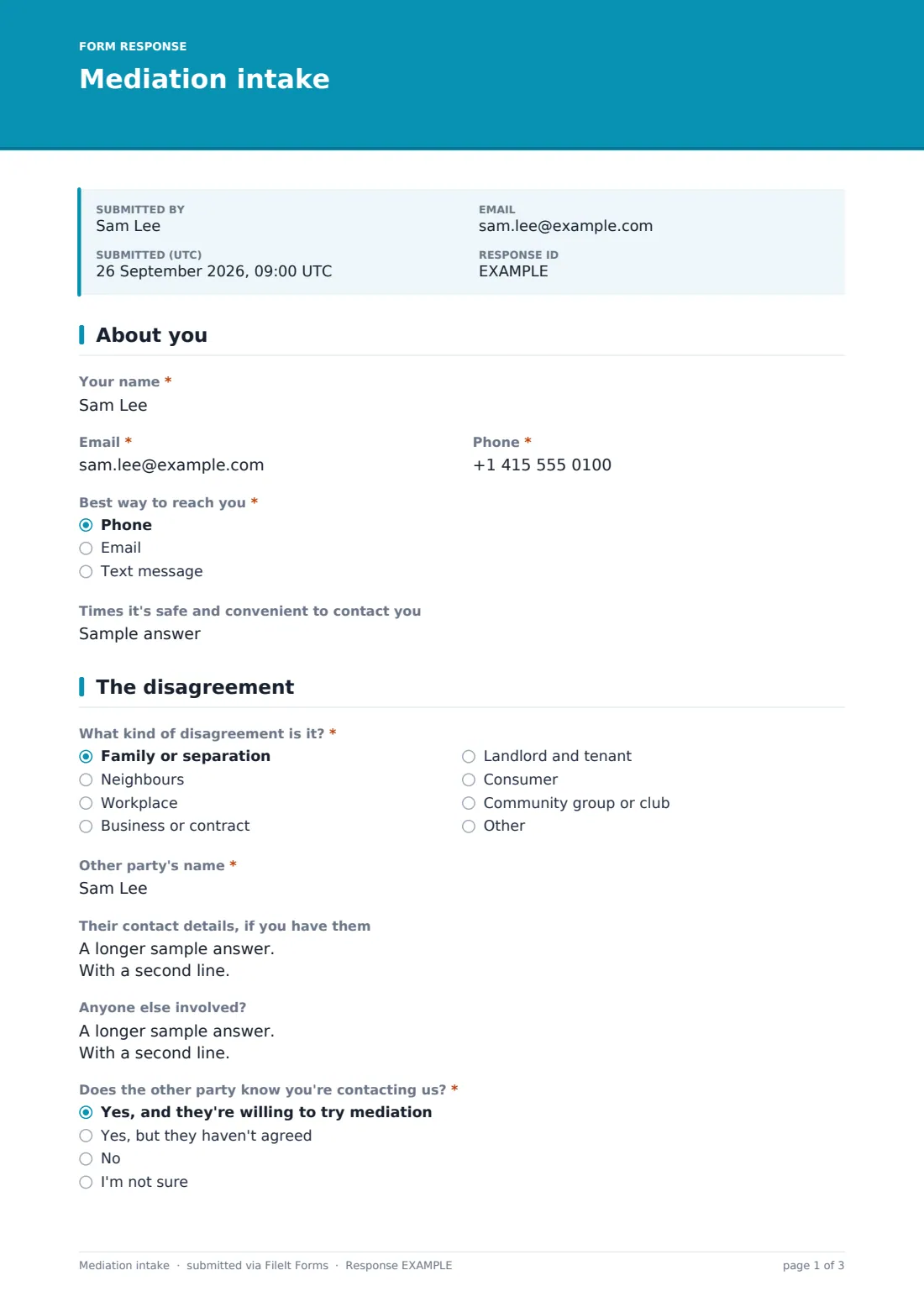 Mediation intake — example response PDF, page 1 of 3
