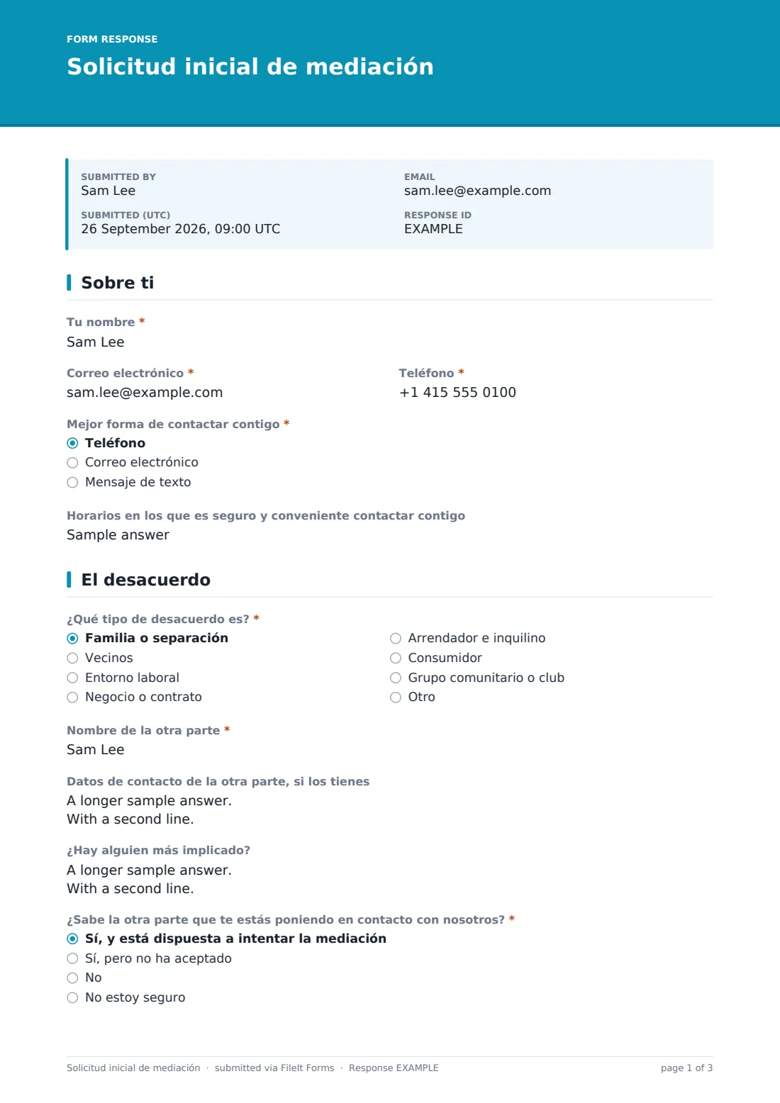 Solicitud inicial de mediación — PDF de respuesta de ejemplo, página 1 de 3