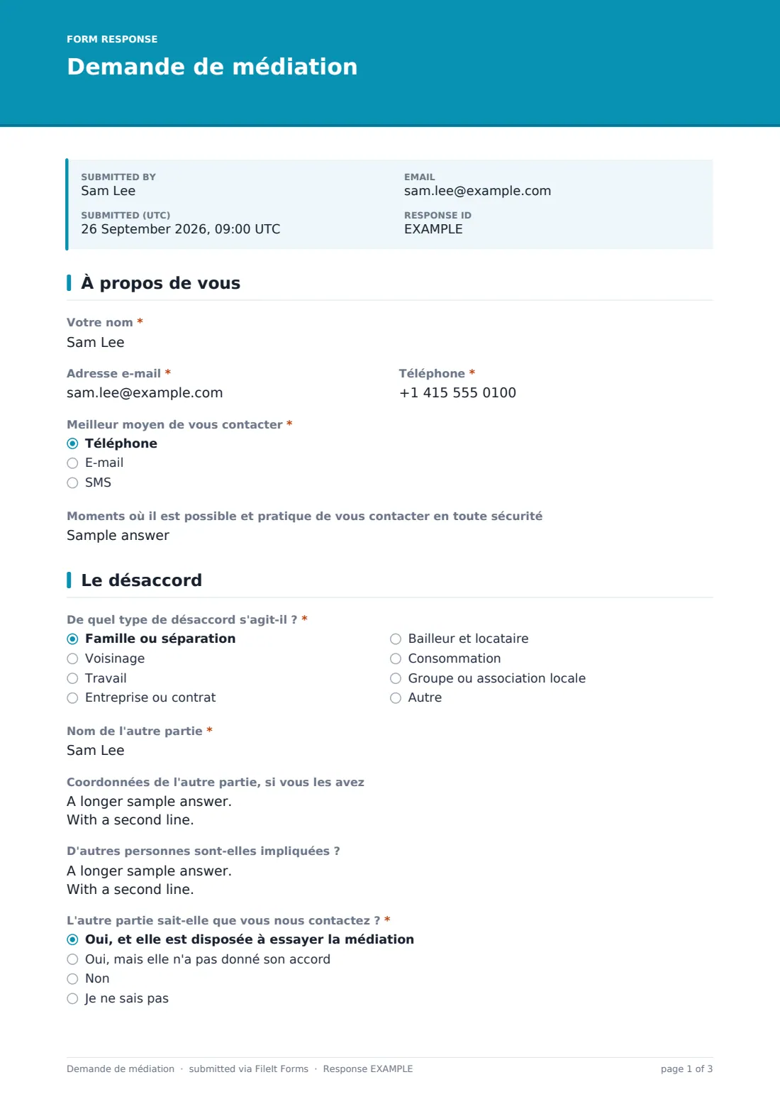 Demande de médiation — exemple de réponse au format PDF, page 1 sur 3
