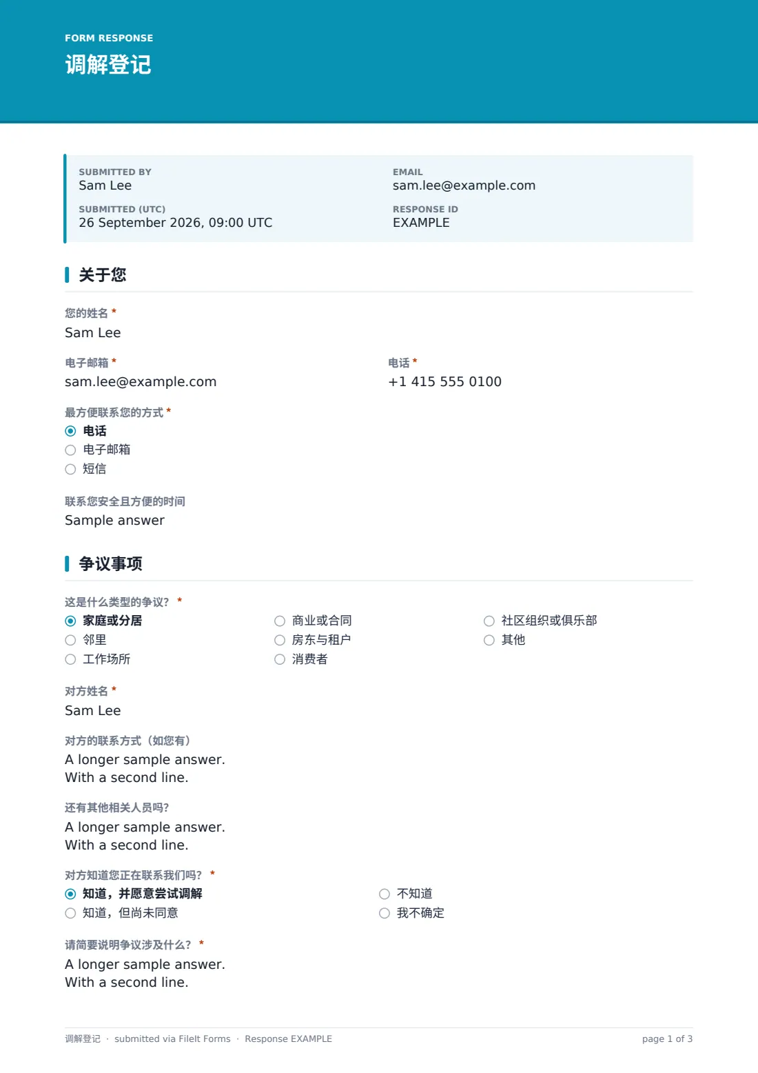 调解登记 — 示例回复 PDF，第 1 页，共 3 页