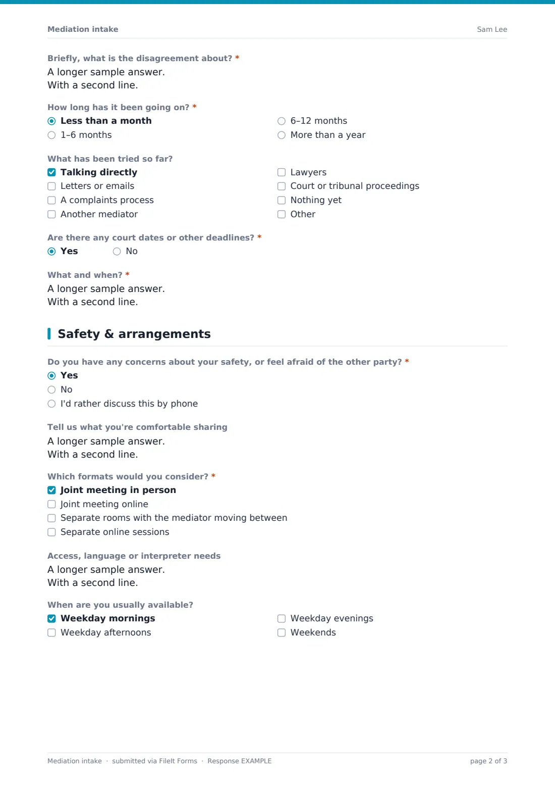 Mediation intake — example response PDF, page 2 of 3
