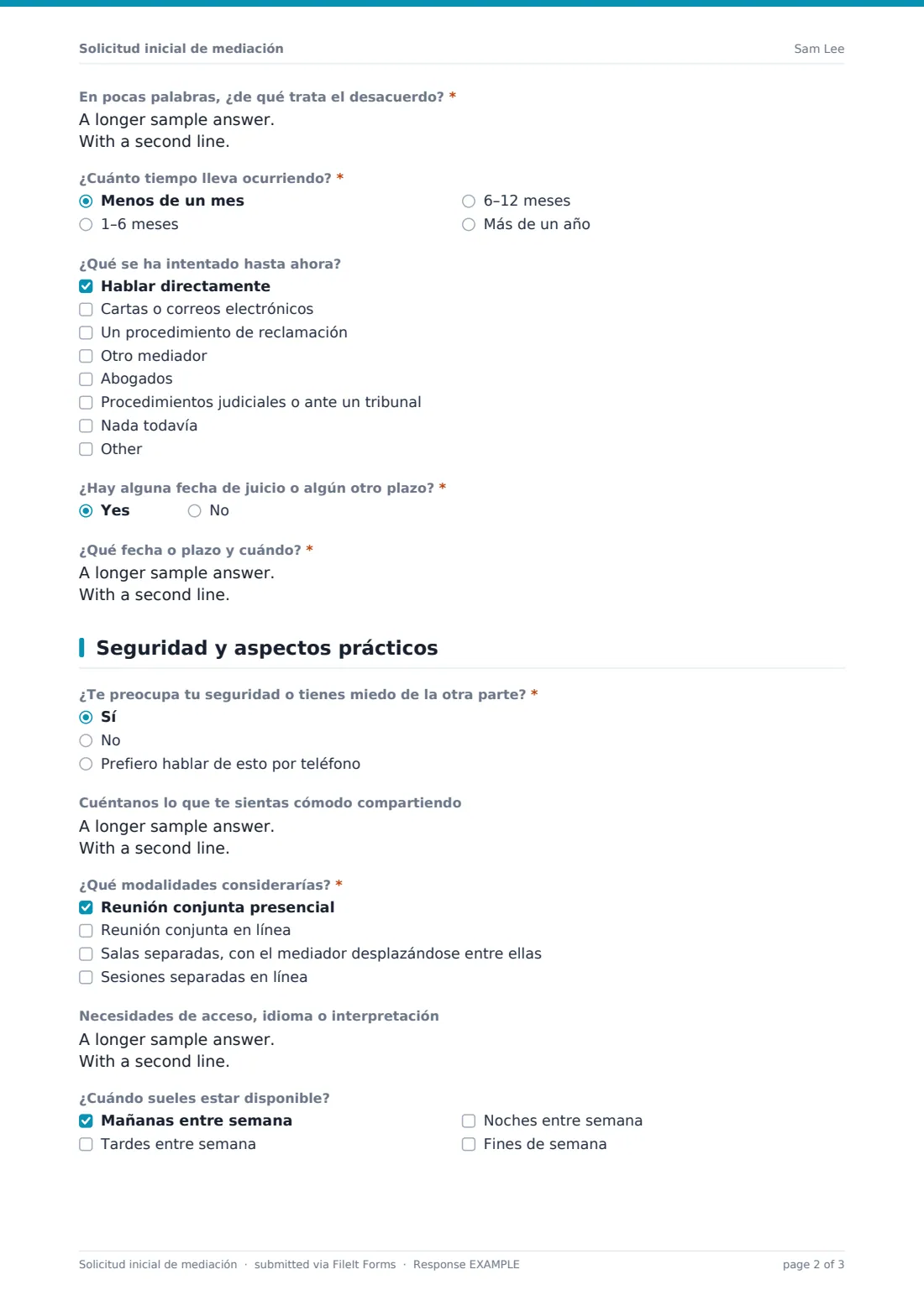 Solicitud inicial de mediación — PDF de respuesta de ejemplo, página 2 de 3