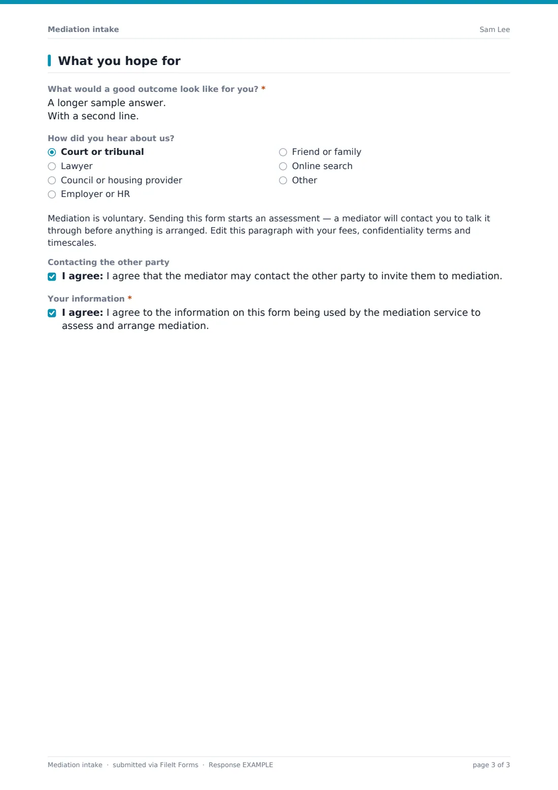 Mediation intake — example response PDF, page 3 of 3
