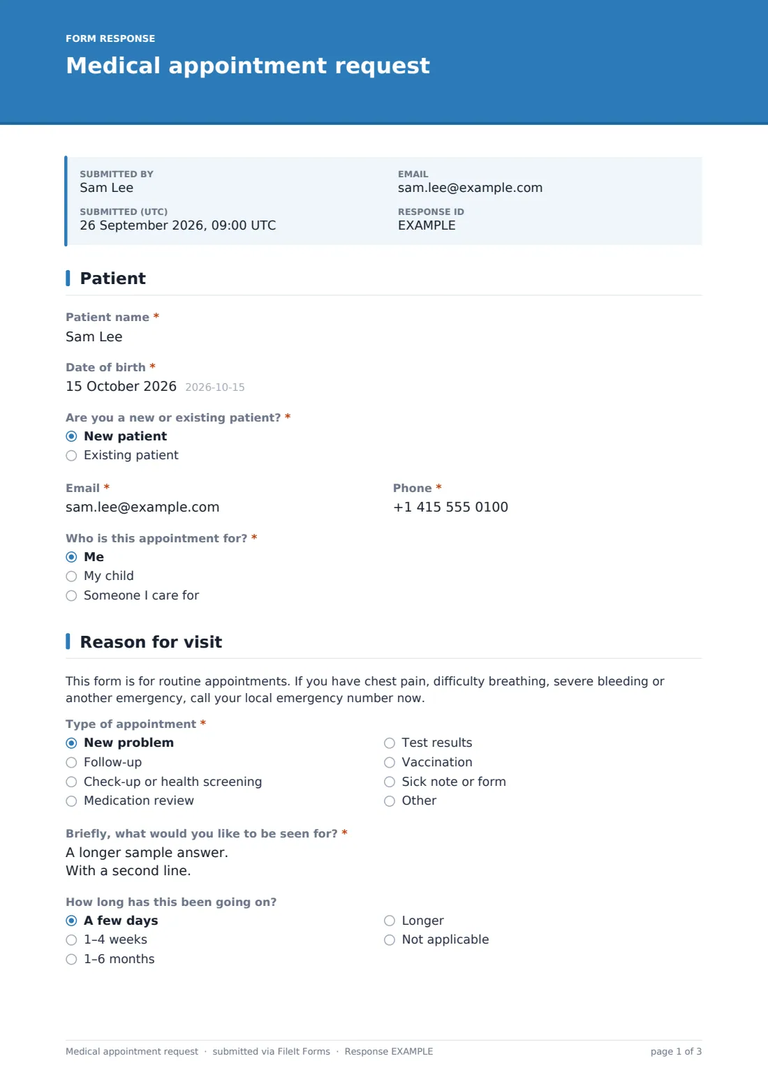 Medical appointment request — example response PDF, page 1 of 3