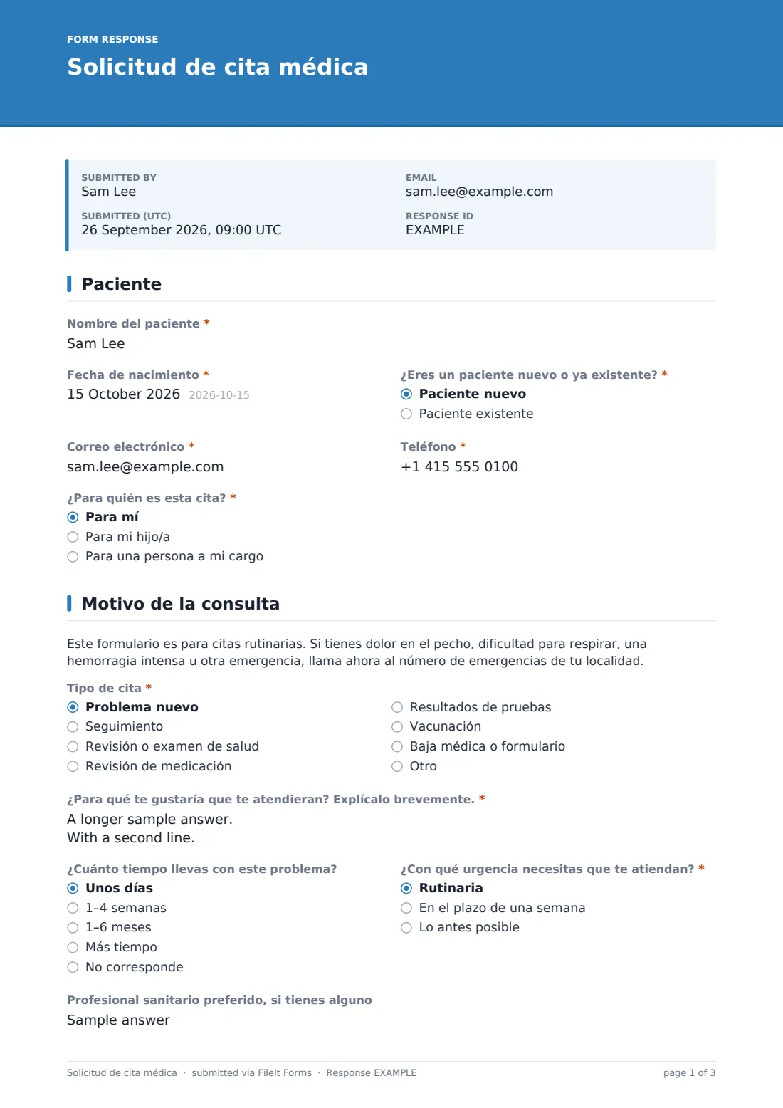 Solicitud de cita médica — PDF de respuesta de ejemplo, página 1 de 3