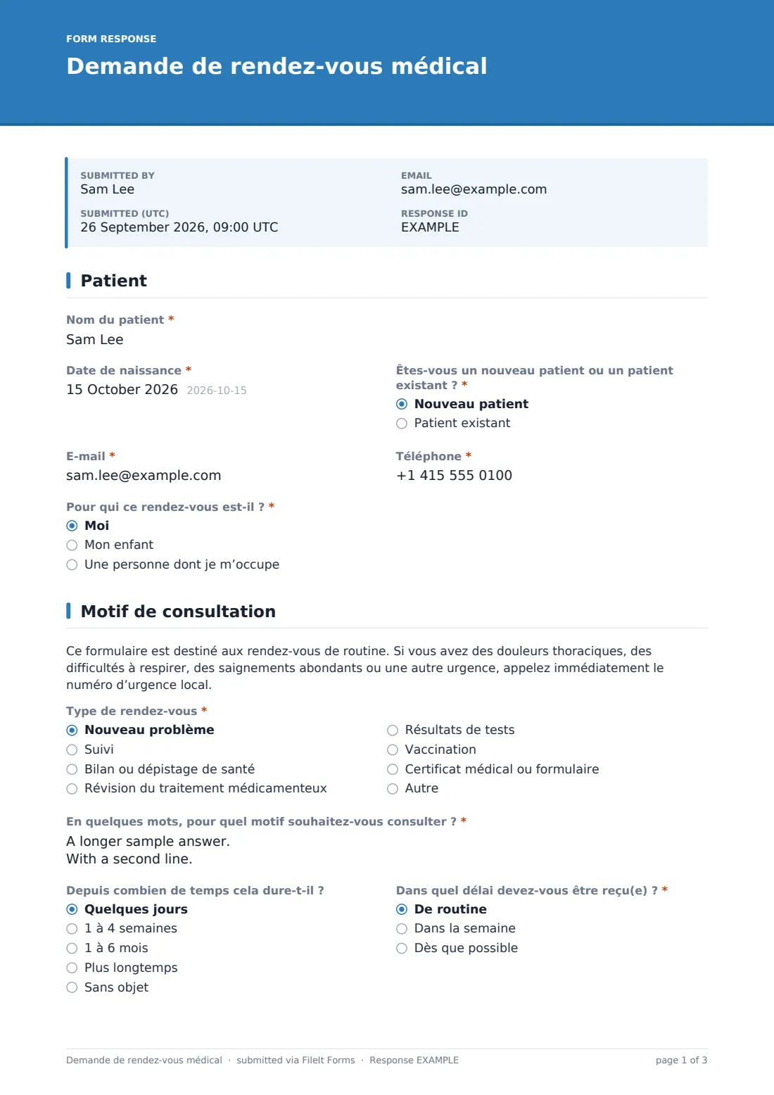 Demande de rendez-vous médical — exemple de réponse au format PDF, page 1 sur 3