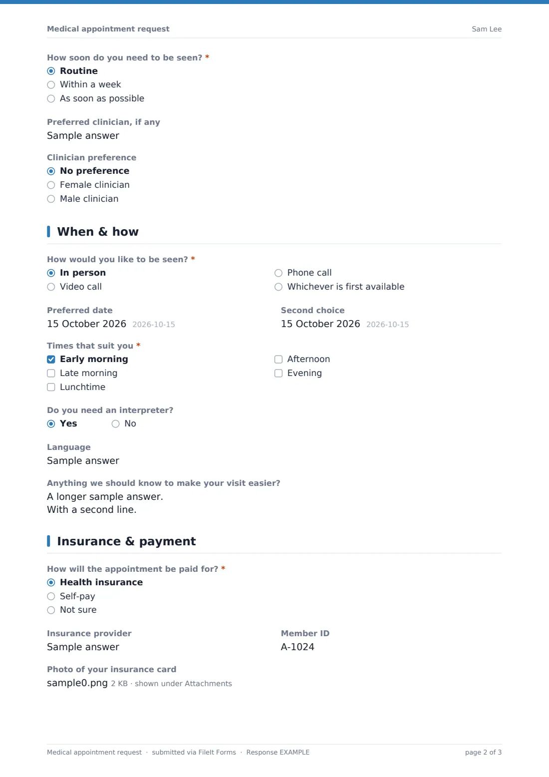 Medical appointment request — example response PDF, page 2 of 3