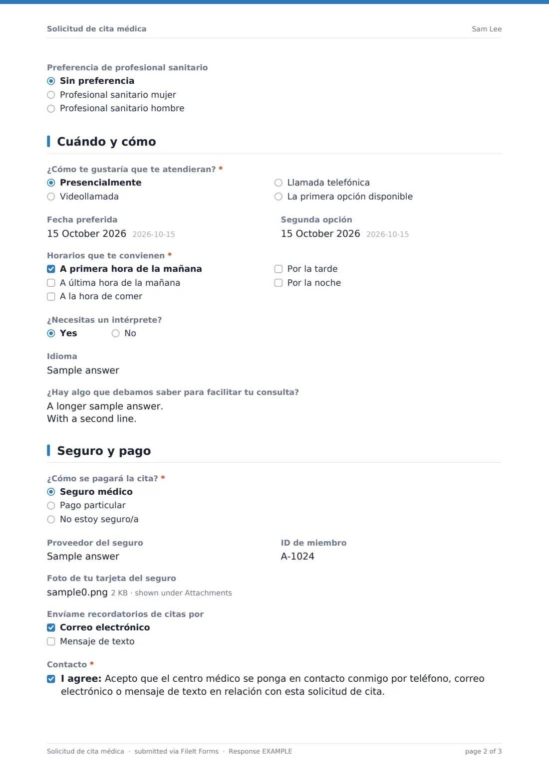 Solicitud de cita médica — PDF de respuesta de ejemplo, página 2 de 3