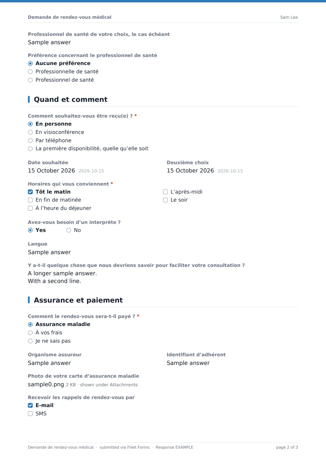 Demande de rendez-vous médical — exemple de réponse au format PDF, page 2 sur 3