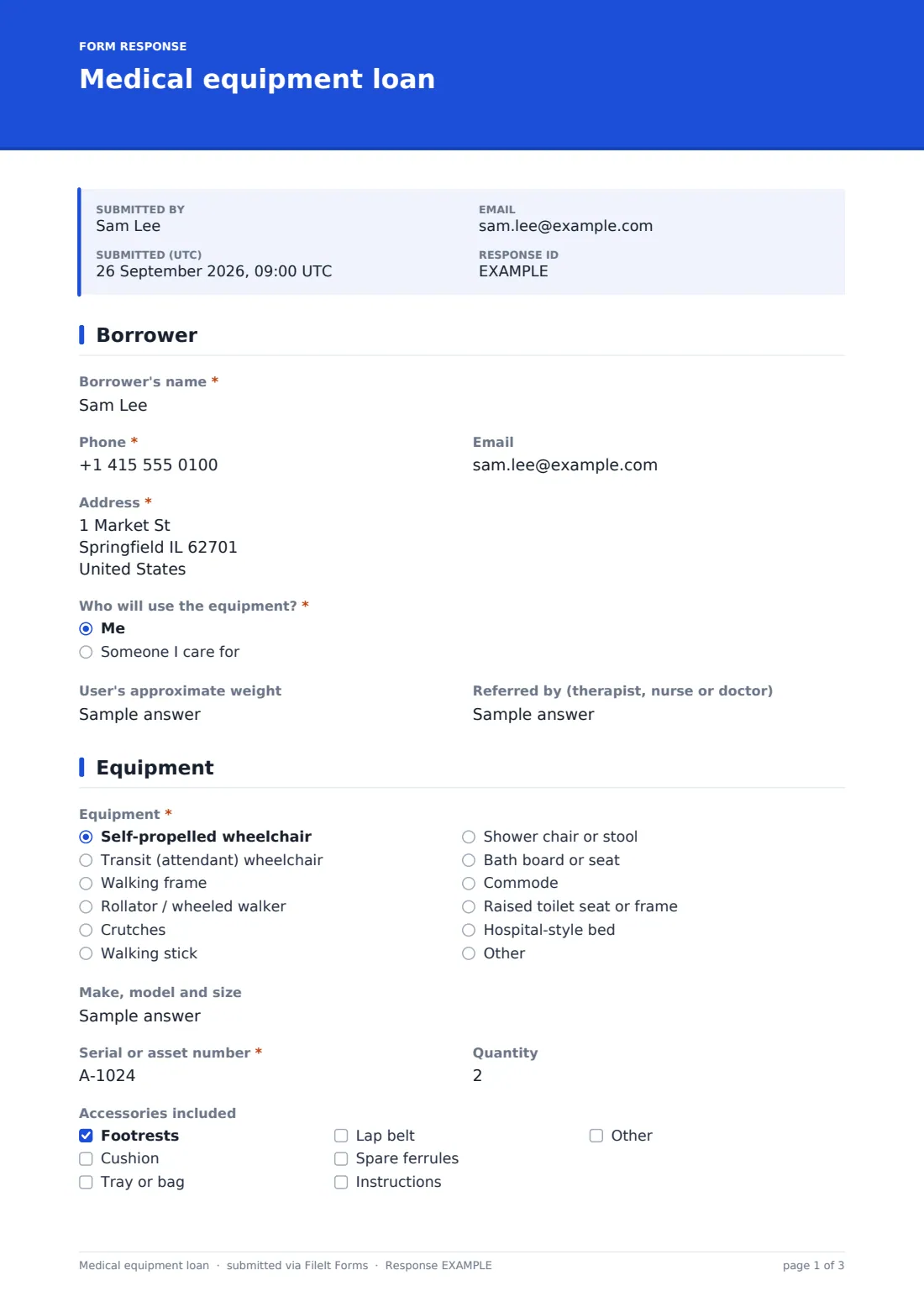 Medical equipment loan — example response PDF, page 1 of 3