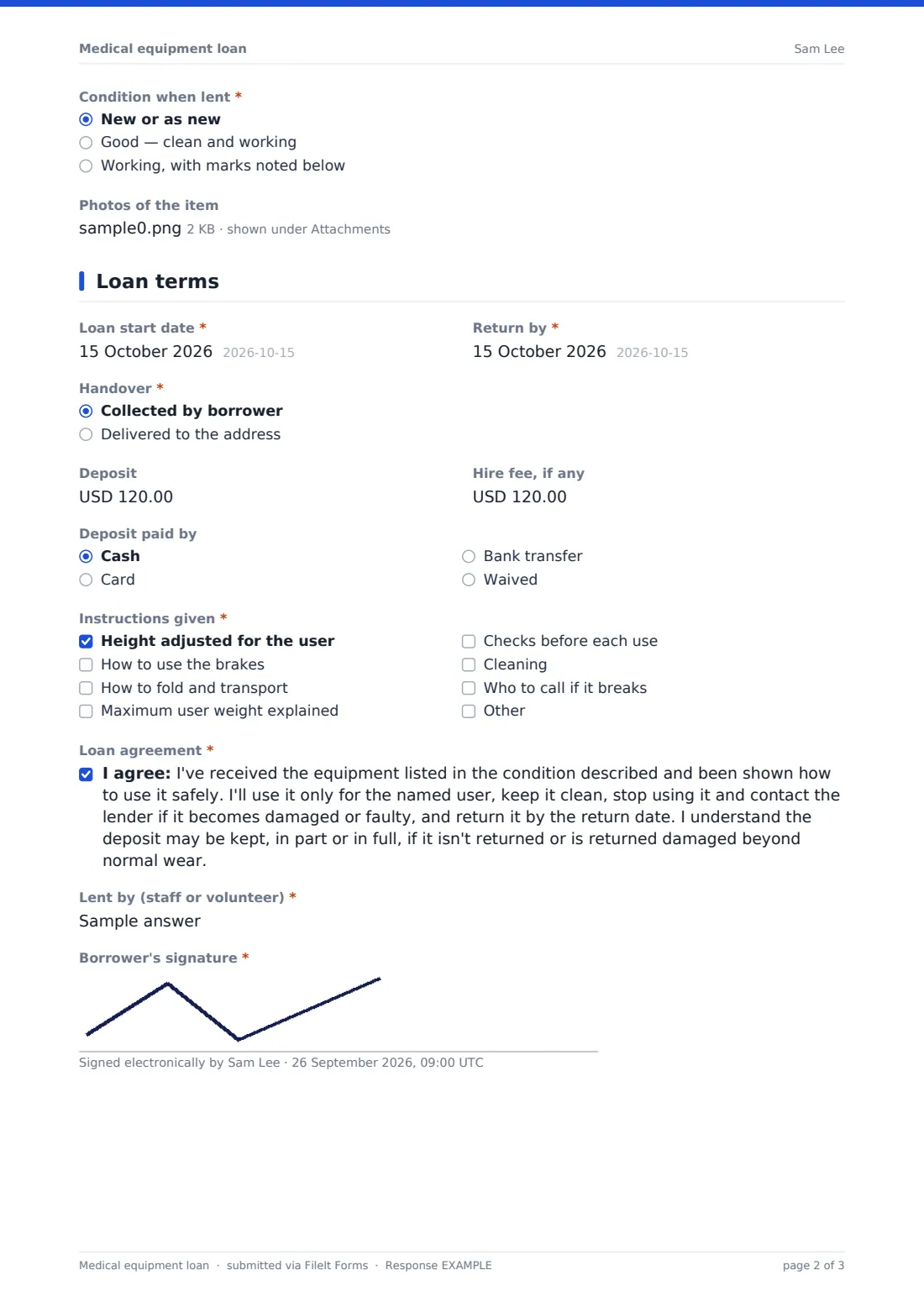 Medical equipment loan — example response PDF, page 2 of 3