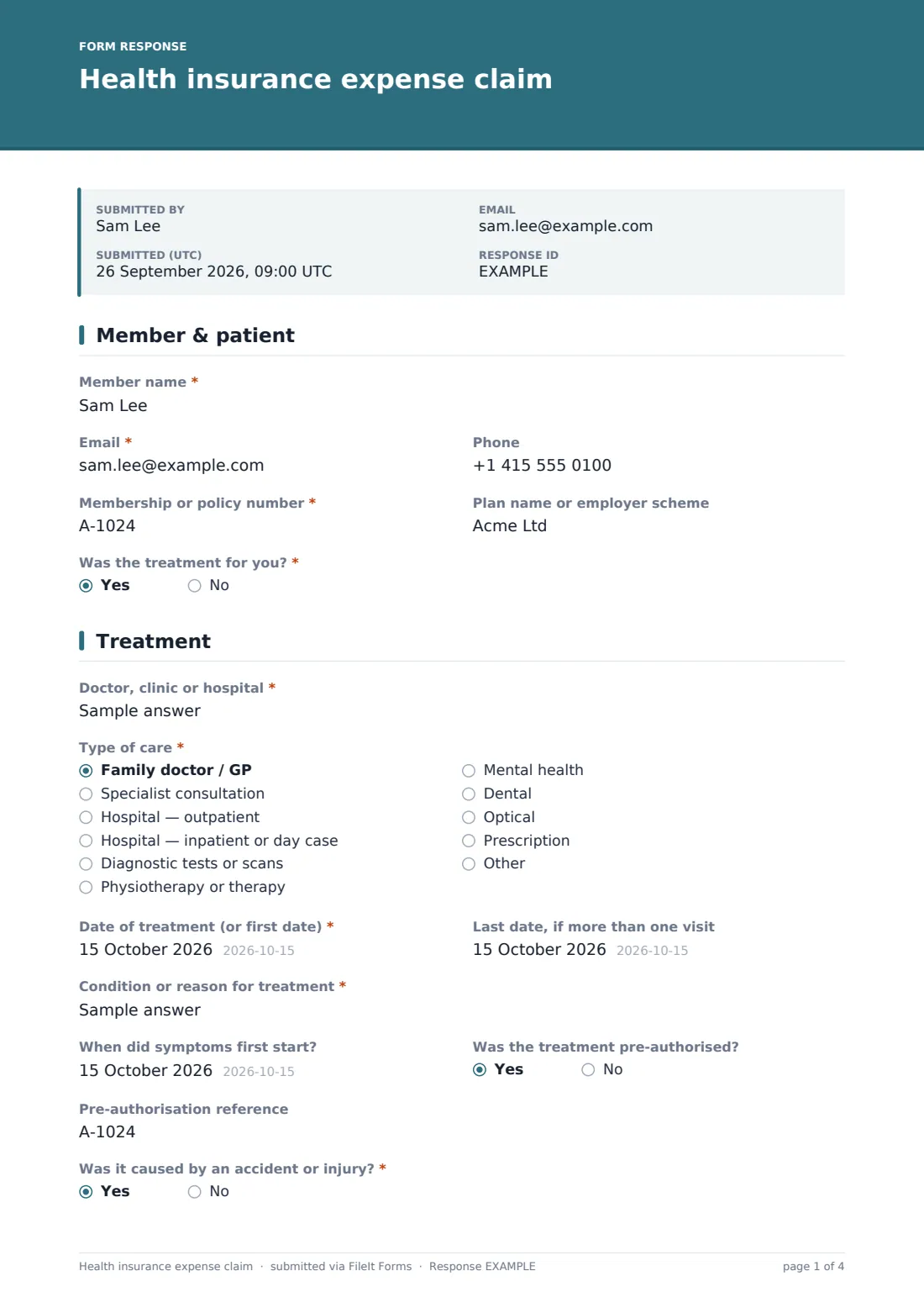 Health insurance expense claim — example response PDF, page 1 of 4