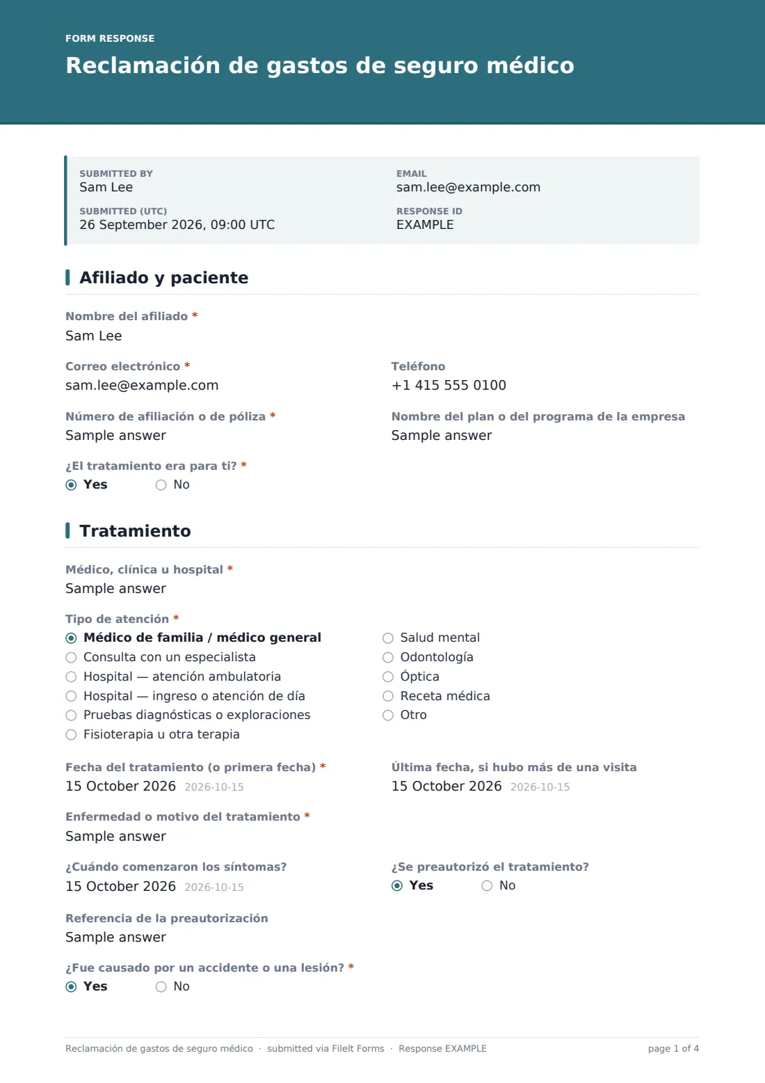 Reclamación de gastos de seguro médico — PDF de respuesta de ejemplo, página 1 de 4