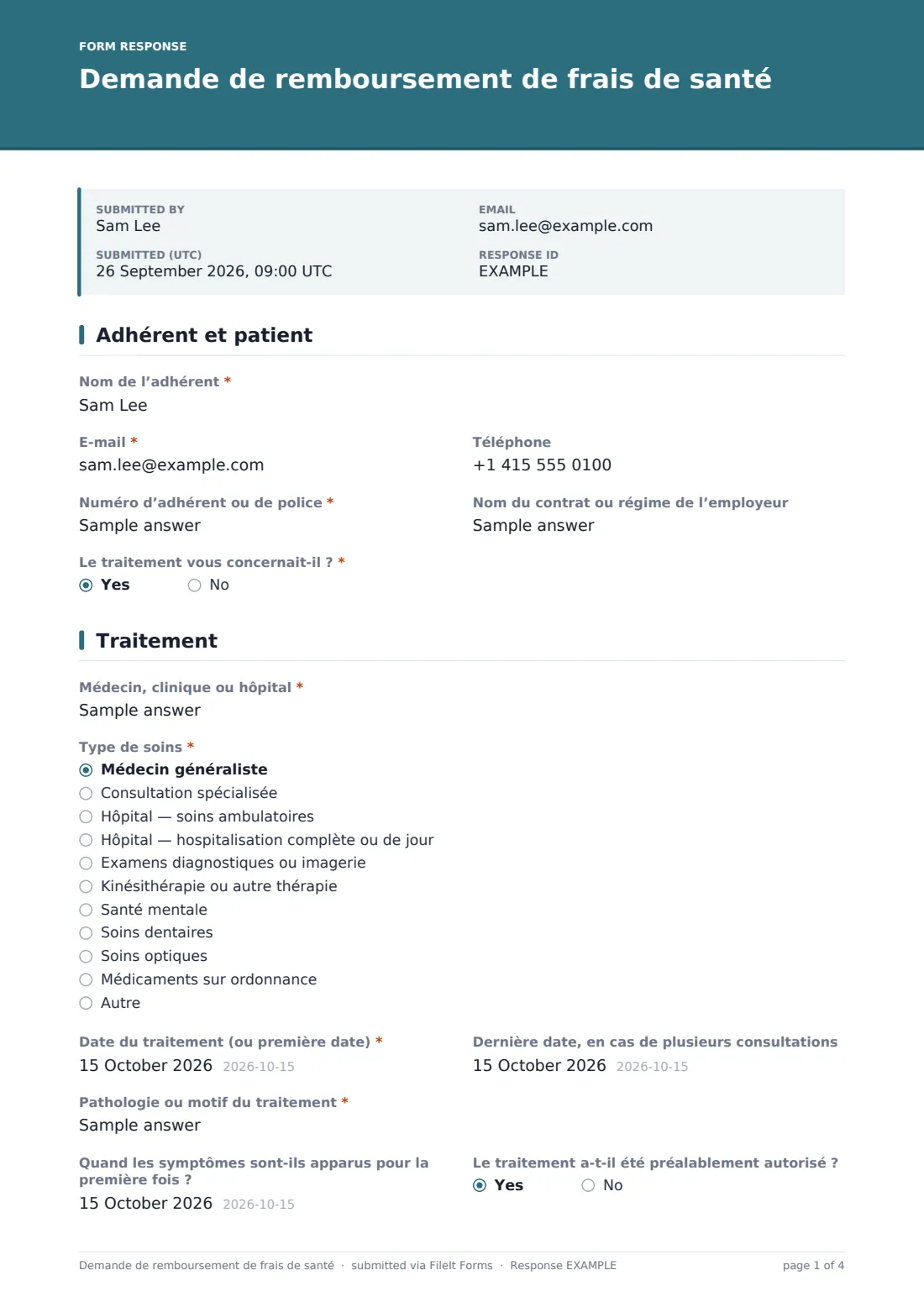 Demande de remboursement de frais de santé — exemple de réponse au format PDF, page 1 sur 4