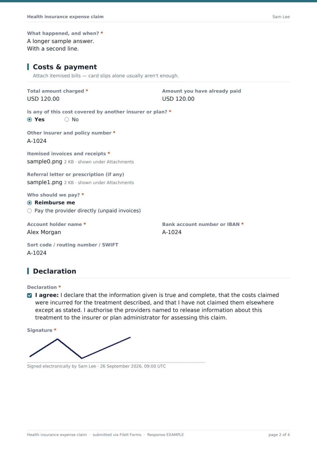 Health insurance expense claim — example response PDF, page 2 of 4