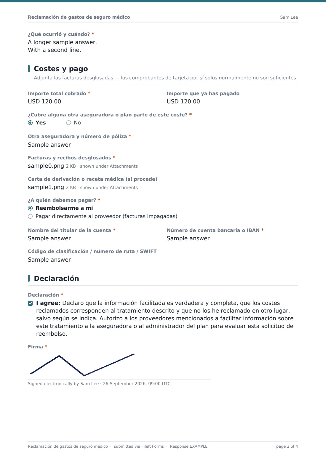 Reclamación de gastos de seguro médico — PDF de respuesta de ejemplo, página 2 de 4