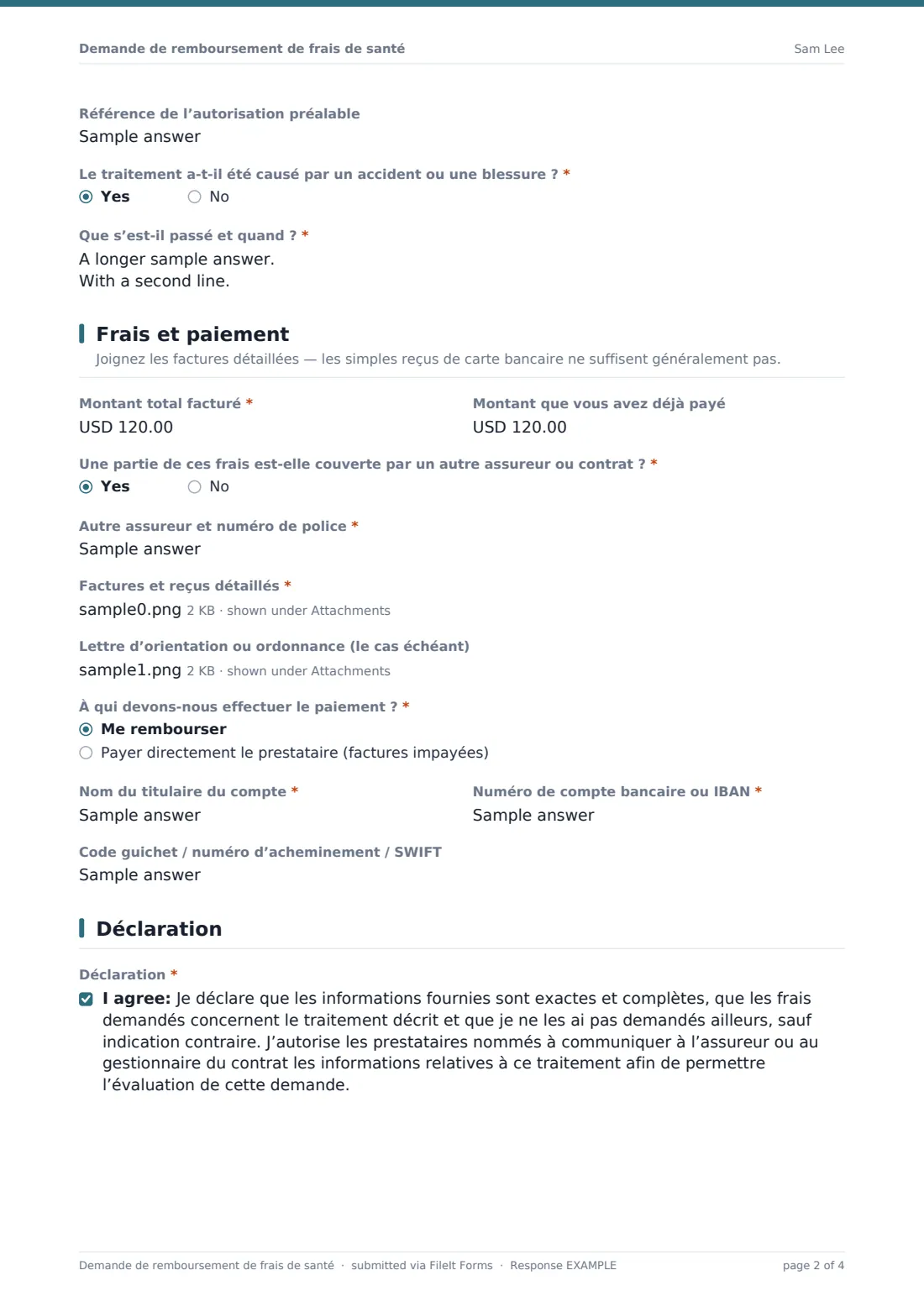 Demande de remboursement de frais de santé — exemple de réponse au format PDF, page 2 sur 4