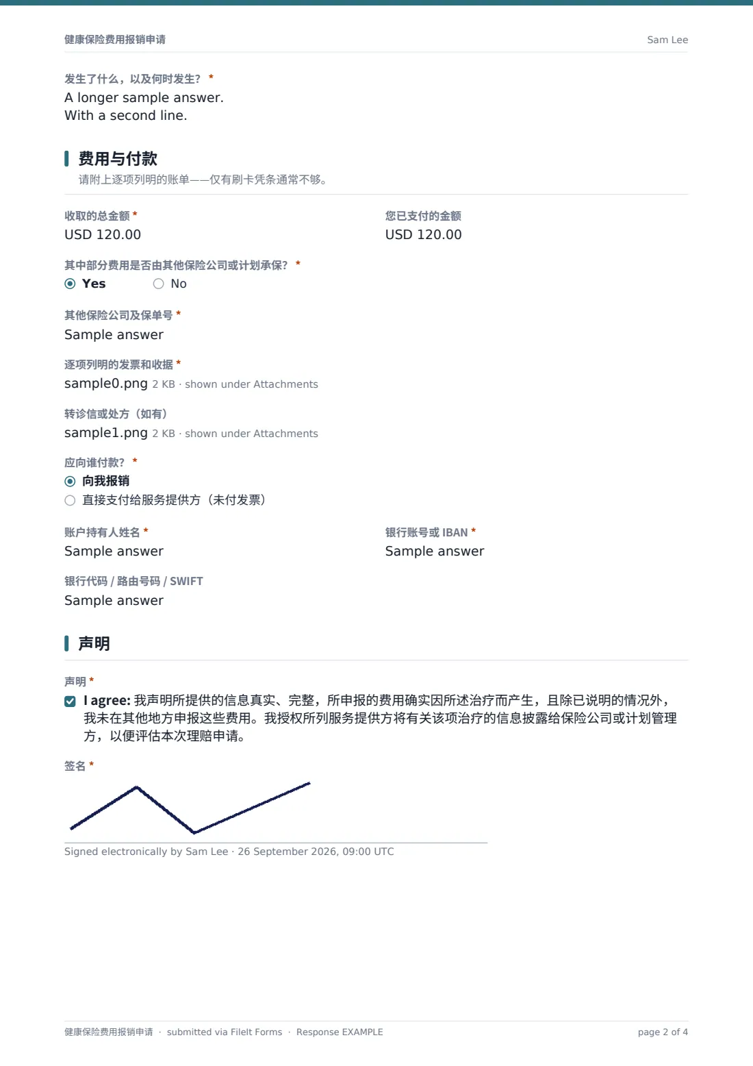 健康保险费用报销申请 — 示例回复 PDF，第 2 页，共 4 页