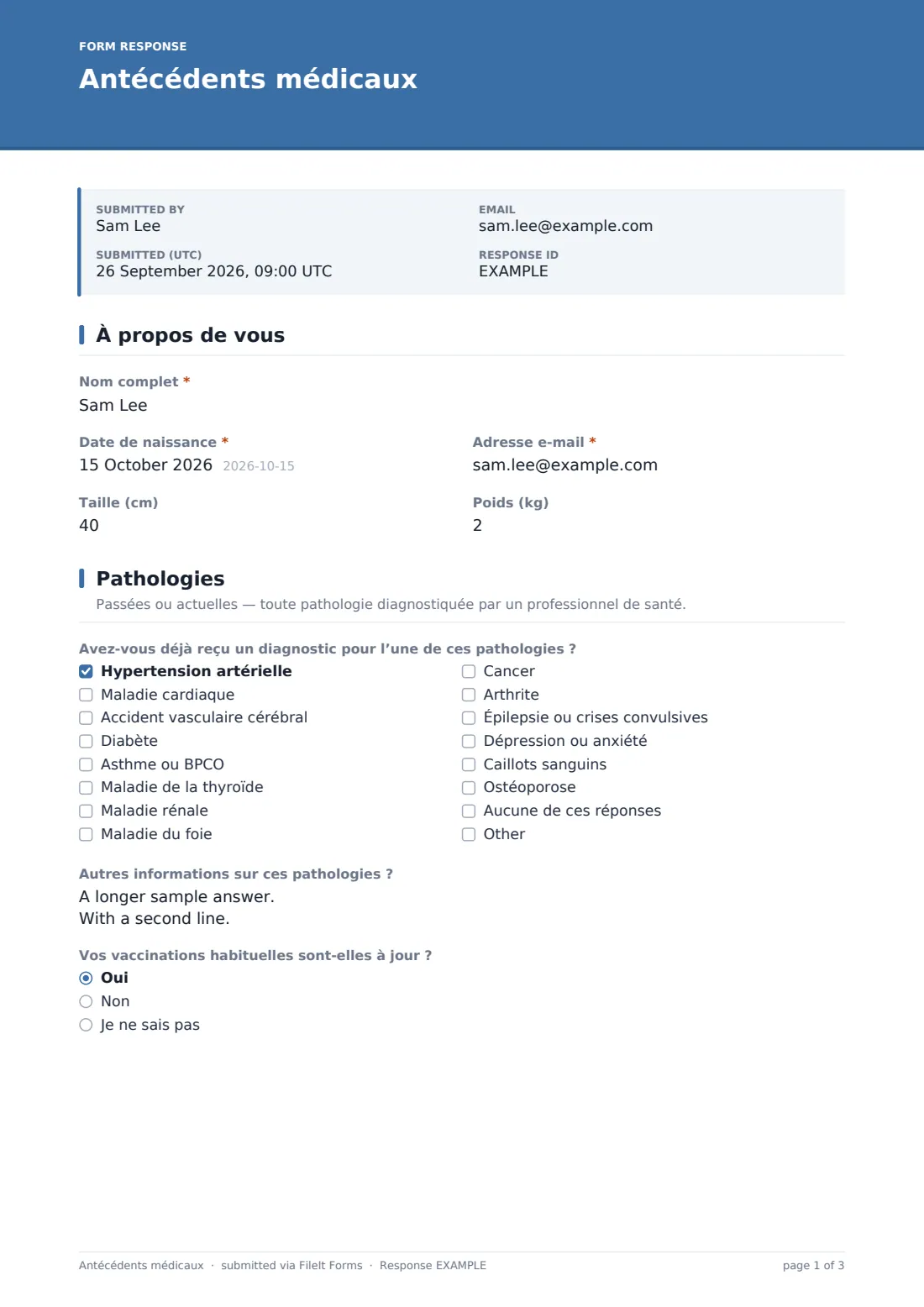 Antécédents médicaux — exemple de réponse au format PDF, page 1 sur 3