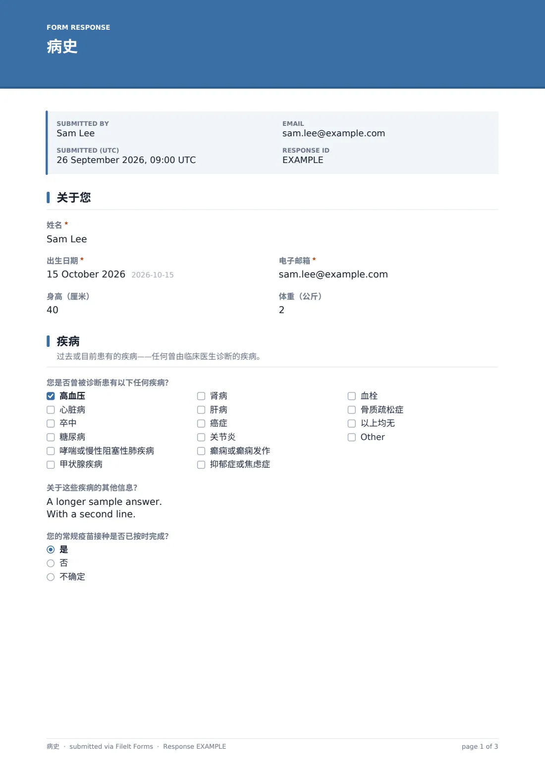病史 — 示例回复 PDF，第 1 页，共 3 页