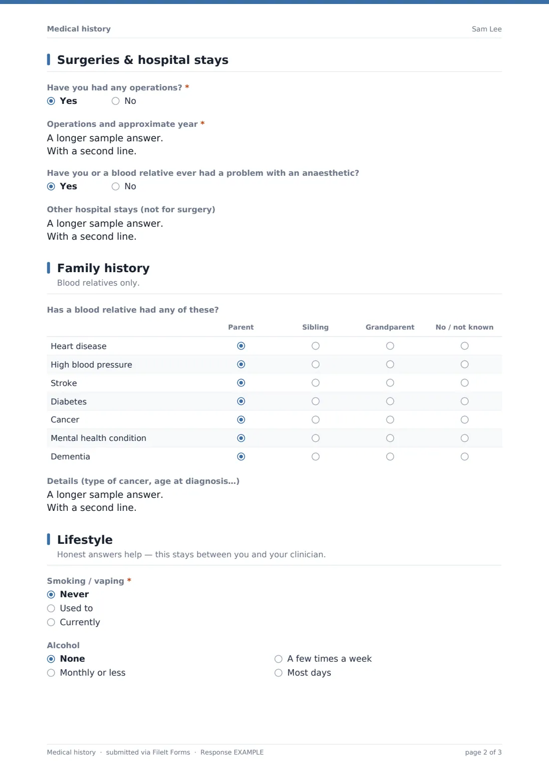Medical history — example response PDF, page 2 of 3