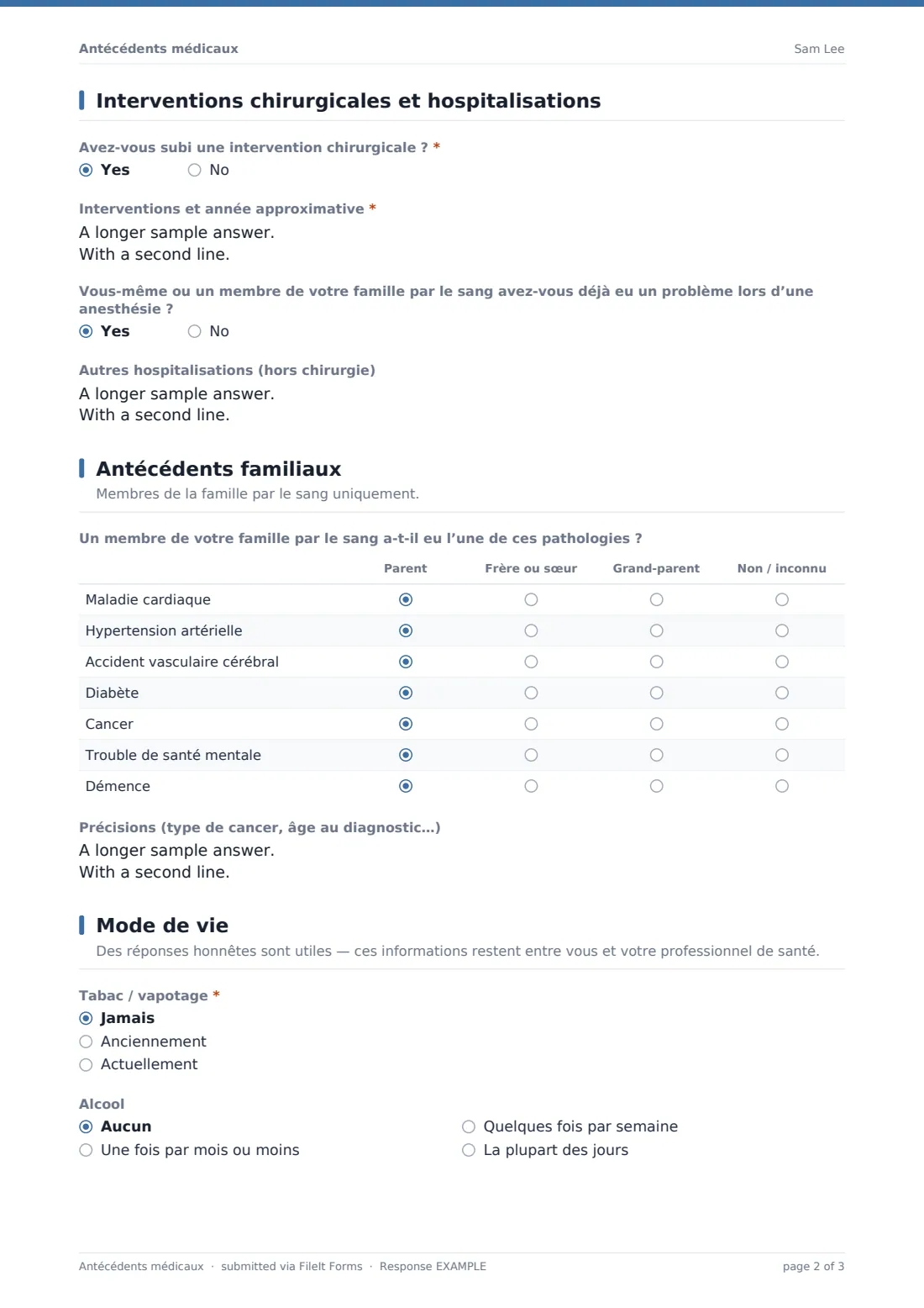 Antécédents médicaux — exemple de réponse au format PDF, page 2 sur 3