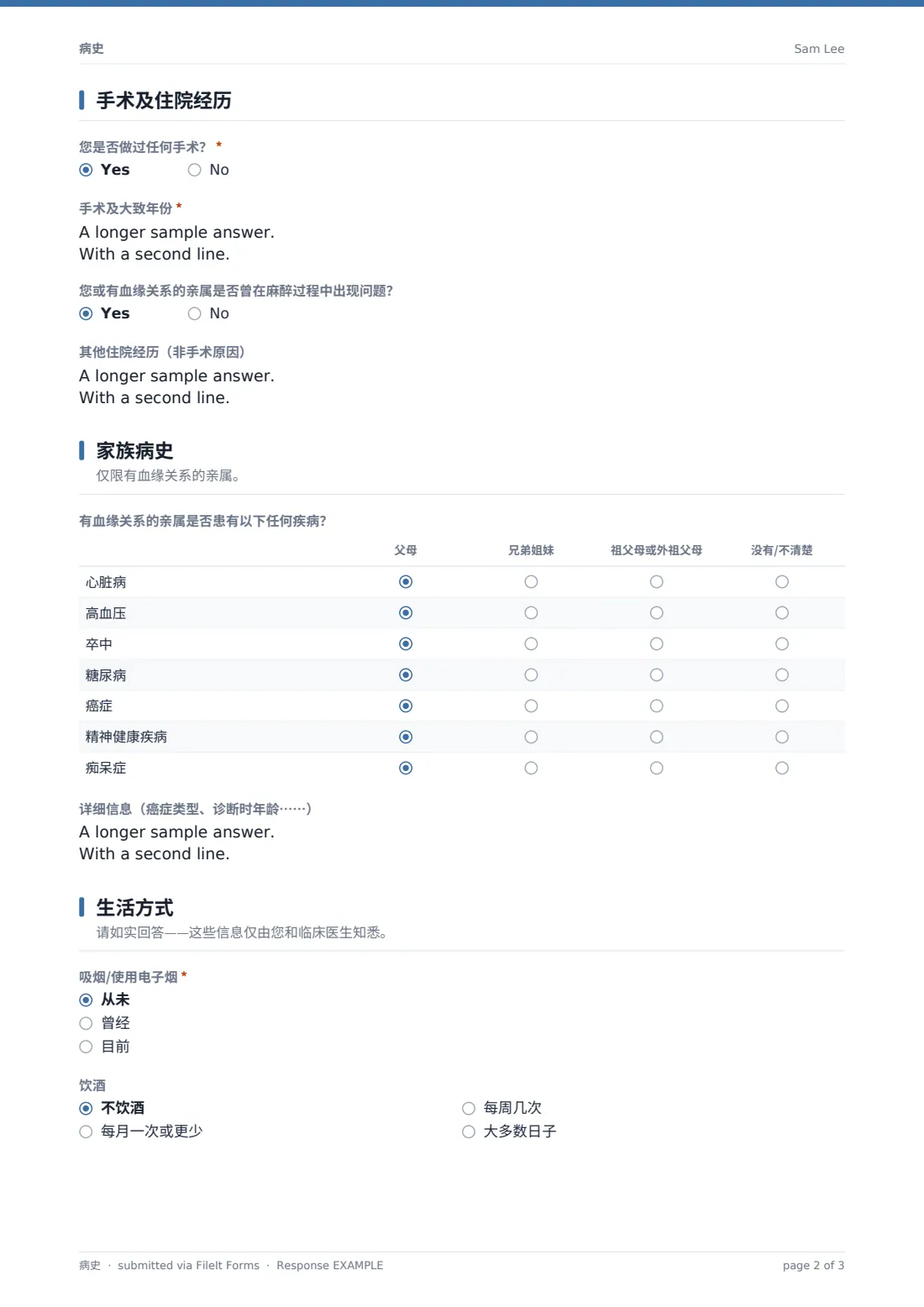 病史 — 示例回复 PDF，第 2 页，共 3 页