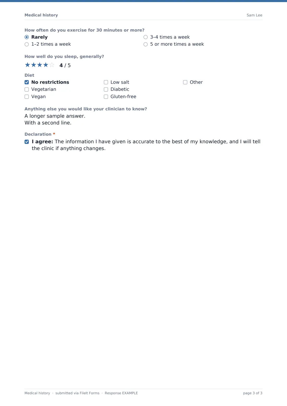 Medical history — example response PDF, page 3 of 3