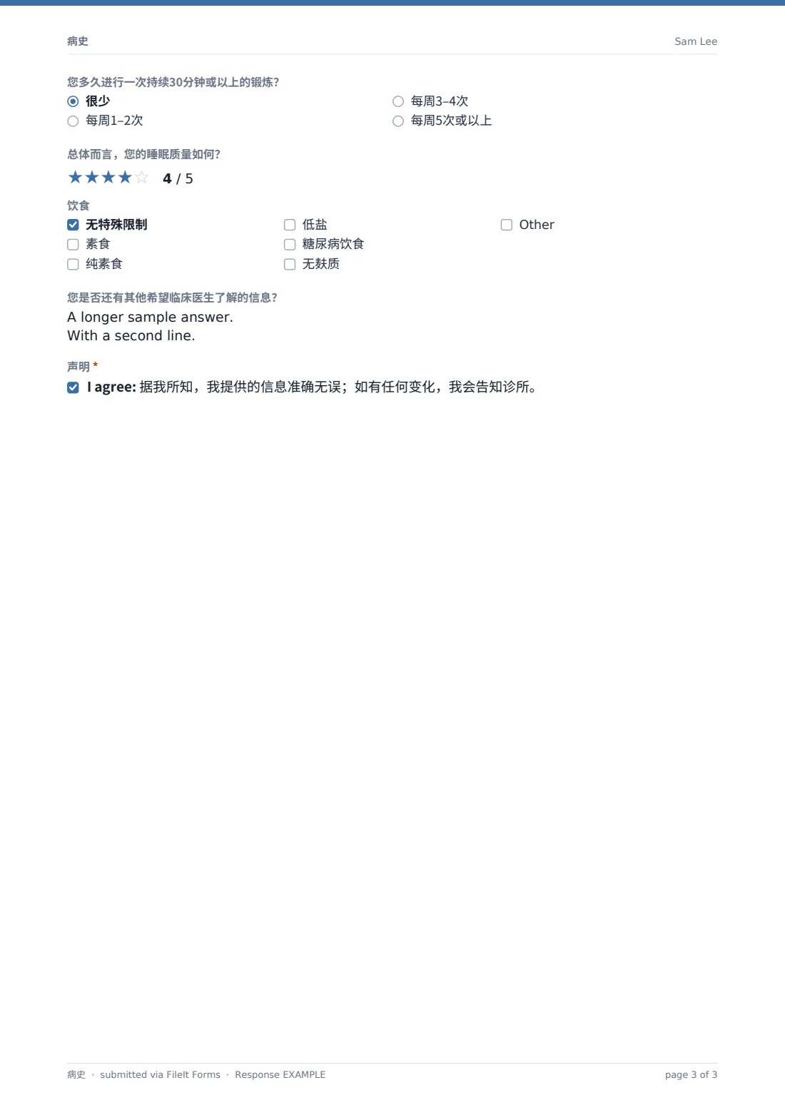 病史 — 示例回复 PDF，第 3 页，共 3 页