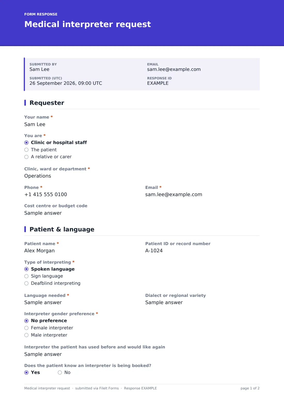 Medical interpreter request — example response PDF, page 1 of 2