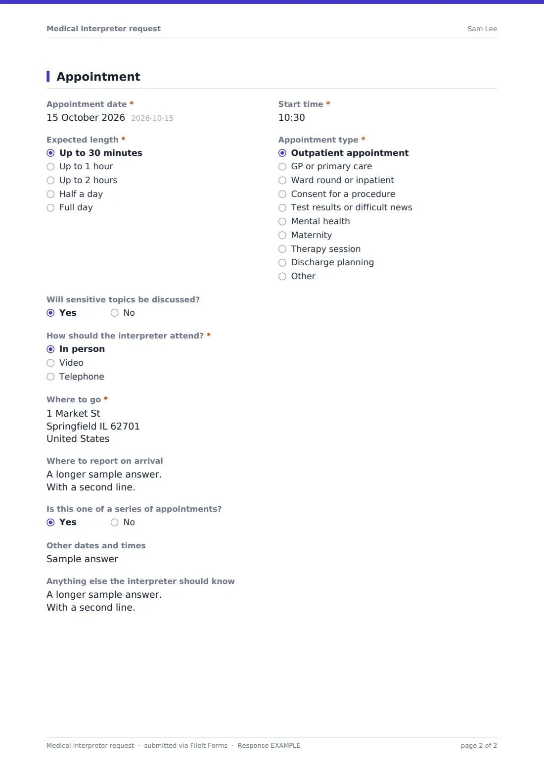Medical interpreter request — example response PDF, page 2 of 2