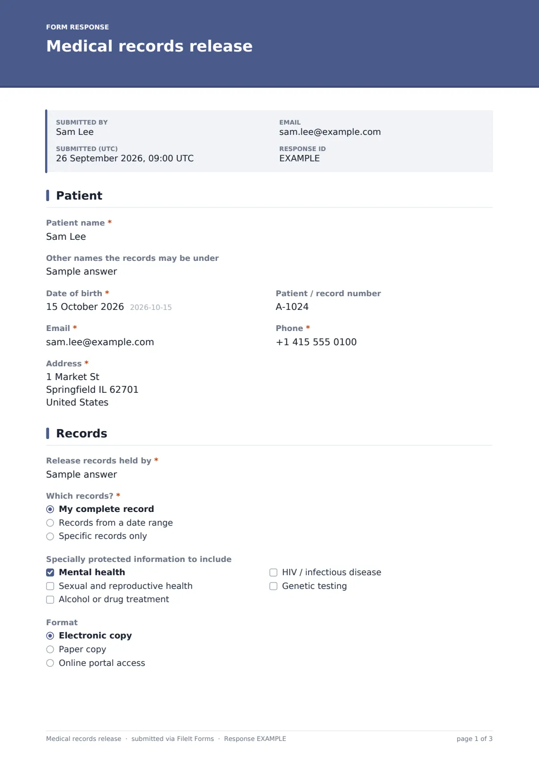 Medical records release — example response PDF, page 1 of 3