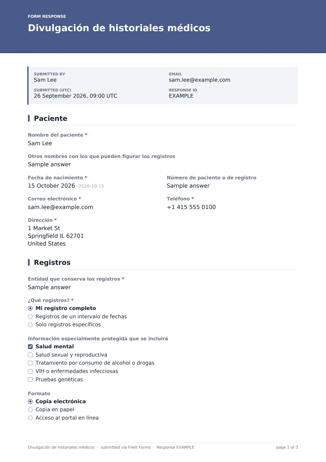 Divulgación de historiales médicos — PDF de respuesta de ejemplo, página 1 de 3