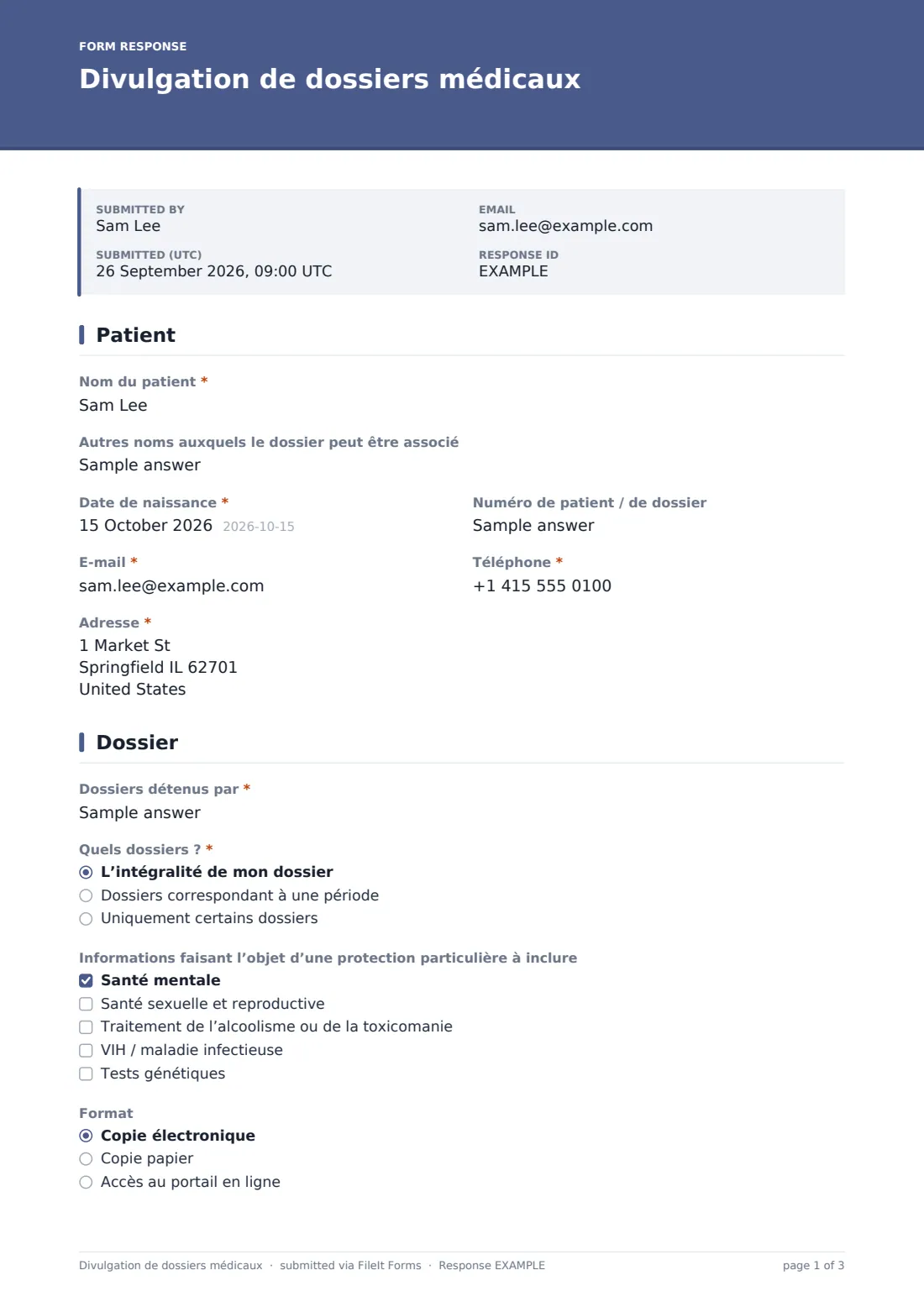 Divulgation de dossiers médicaux — exemple de réponse au format PDF, page 1 sur 3