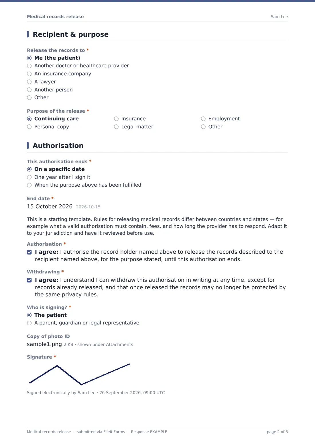 Medical records release — example response PDF, page 2 of 3