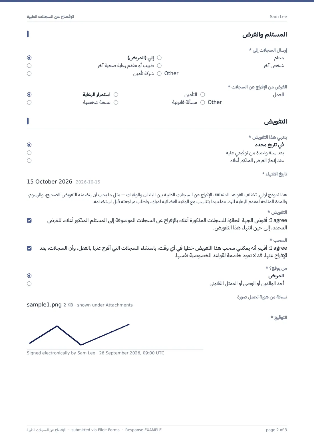 الإفصاح عن السجلات الطبية — ملف PDF لرد نموذجي، الصفحة 2 من 3