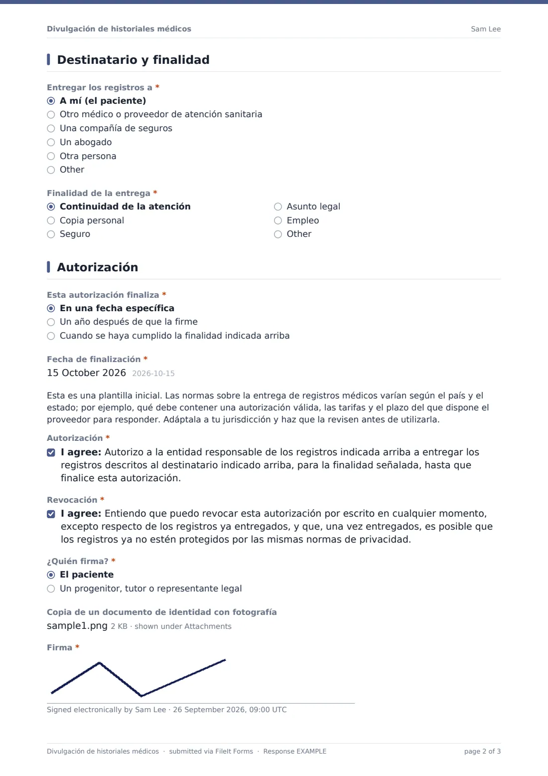 Divulgación de historiales médicos — PDF de respuesta de ejemplo, página 2 de 3