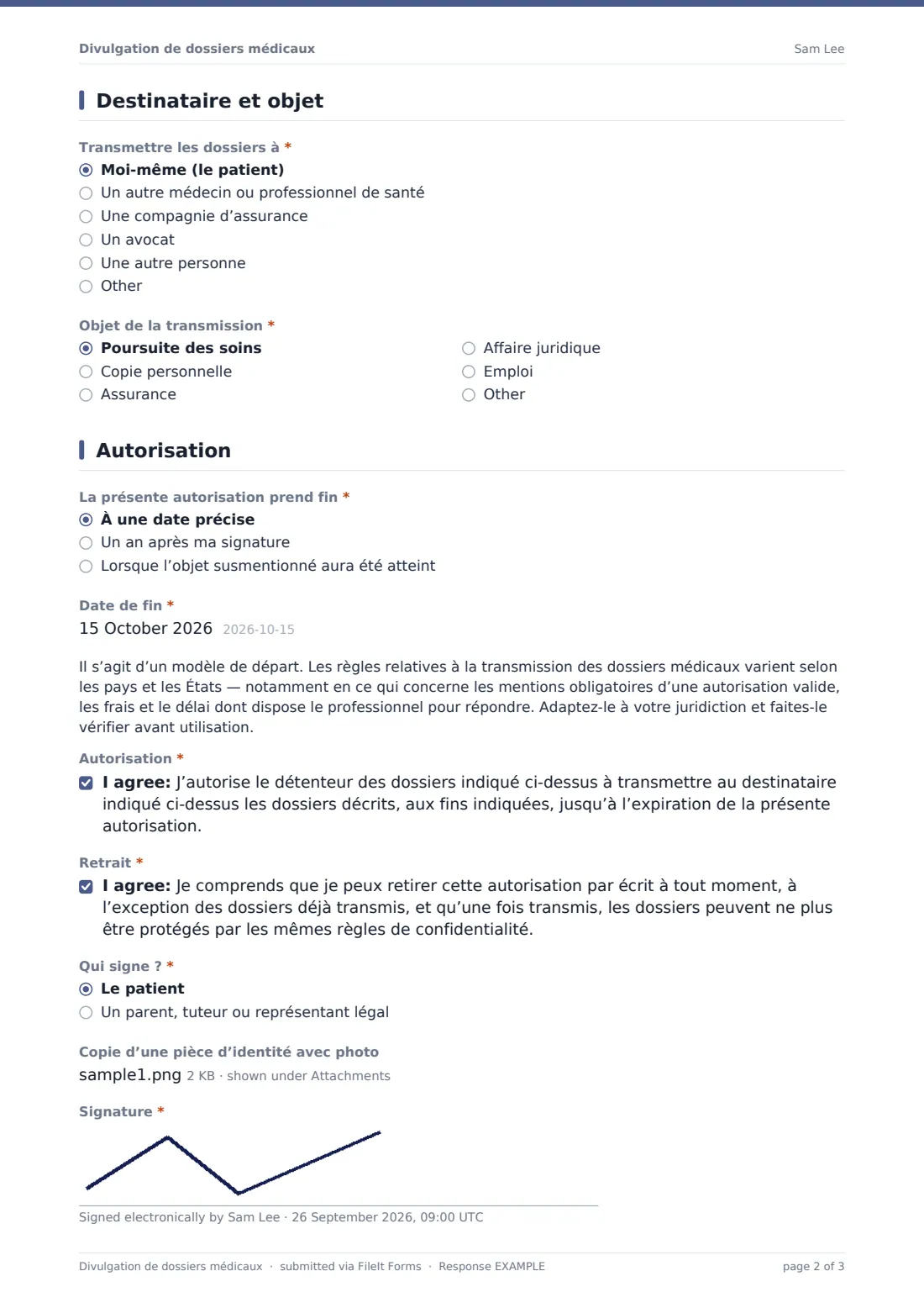 Divulgation de dossiers médicaux — exemple de réponse au format PDF, page 2 sur 3