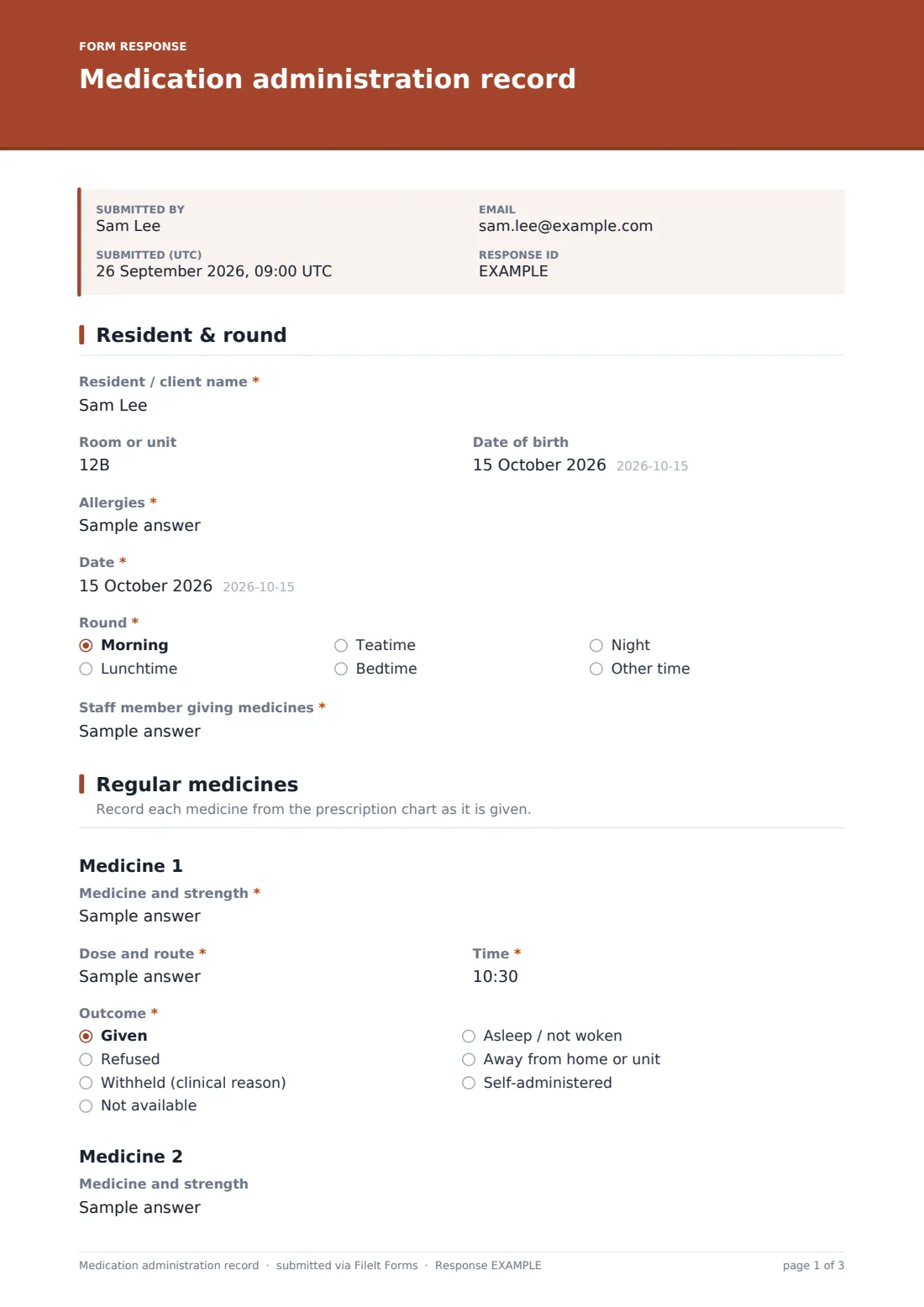 Medication administration record — example response PDF, page 1 of 3