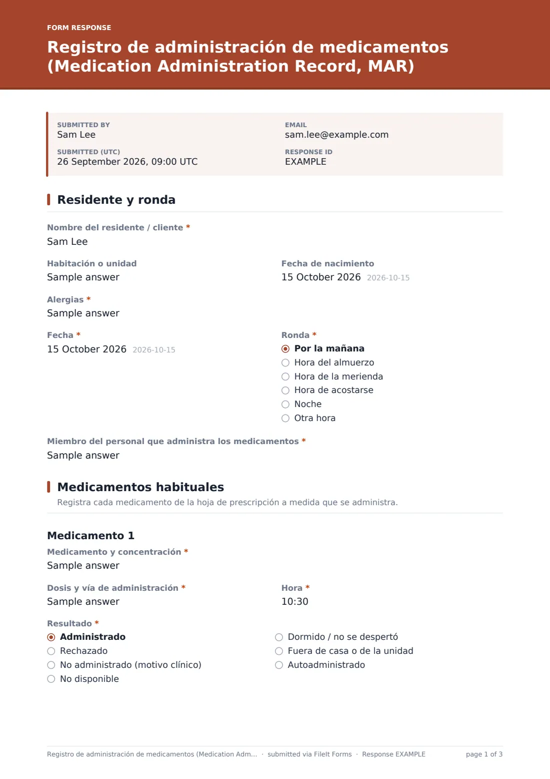 Registro de administración de medicamentos (Medication Administration Record, MAR) — PDF de respuesta de ejemplo, página 1 de 3