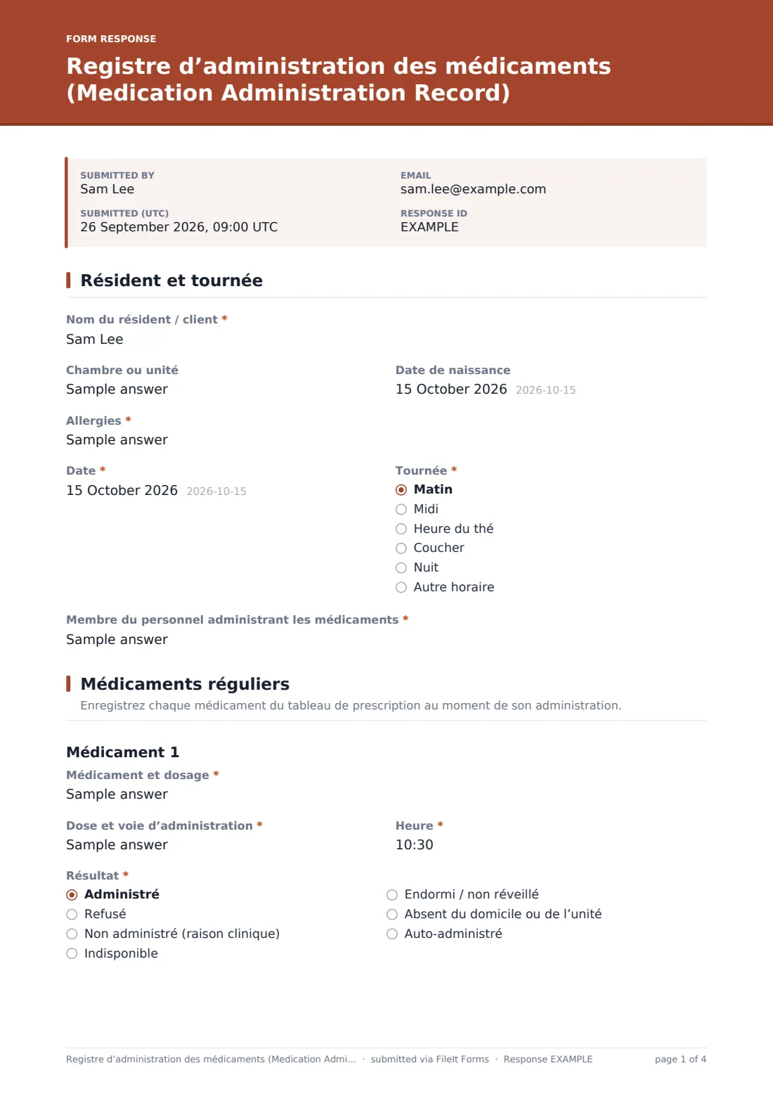Registre d’administration des médicaments (Medication Administration Record) — exemple de réponse au format PDF, page 1 sur 4