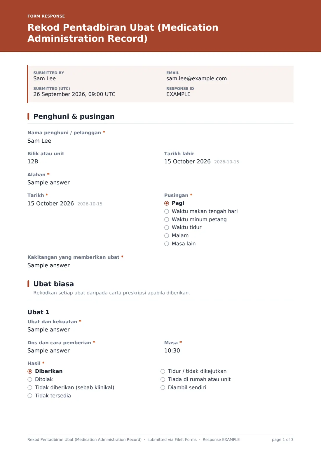 Rekod Pentadbiran Ubat (Medication Administration Record) — PDF respons contoh, halaman 1 daripada 3