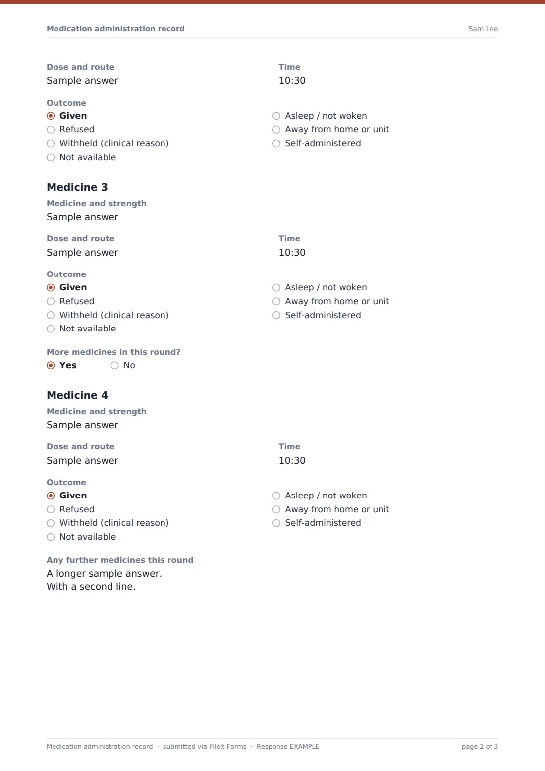 Medication administration record — example response PDF, page 2 of 3
